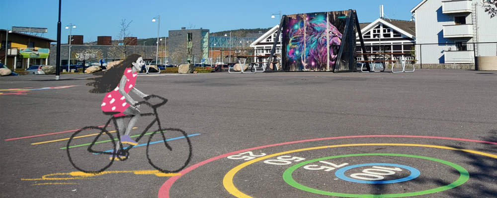 Illustration med ett barn på cykel i stadsmiljö
