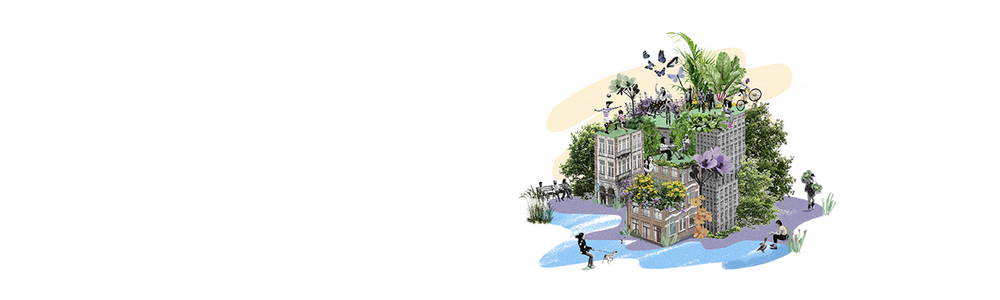 Illustration av en stad som påverkas av klimatomställningar